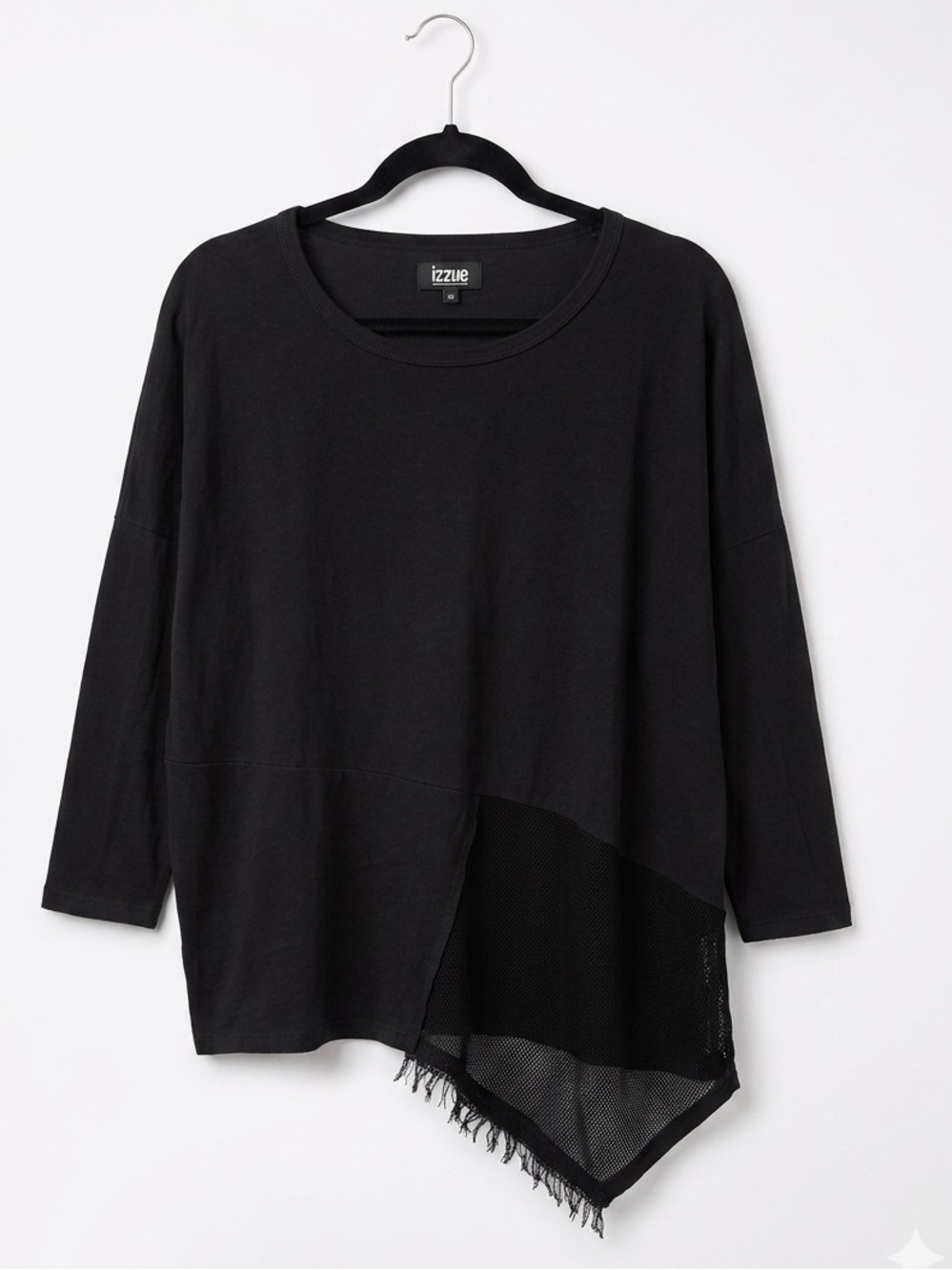 IZZUE Black XS Oversized Asymmetric Mesh Distressed Hem Long Sleeve Top